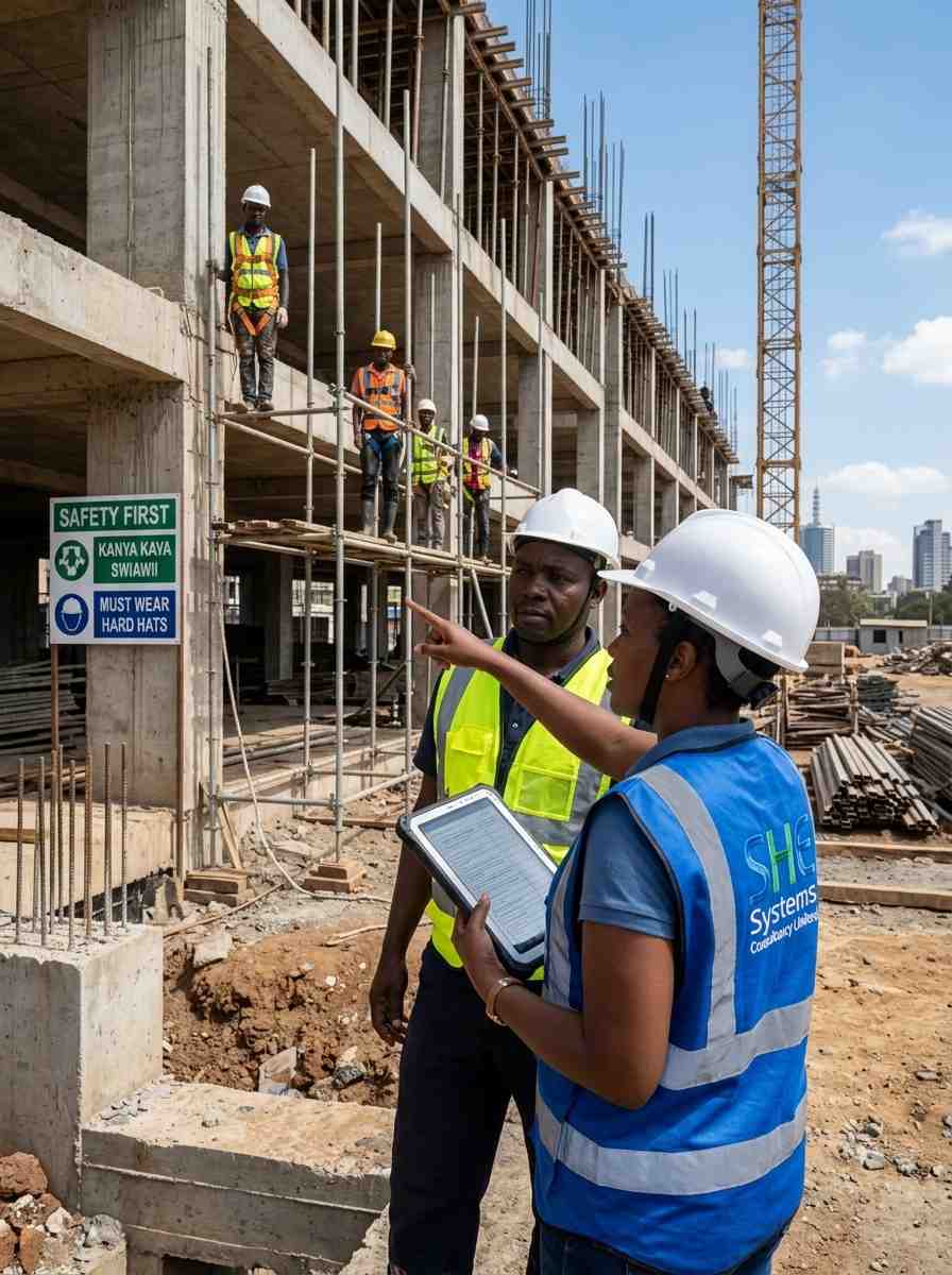 SHE Systems conducting a scaffolding safety inspection at a construction site in Nairobi
