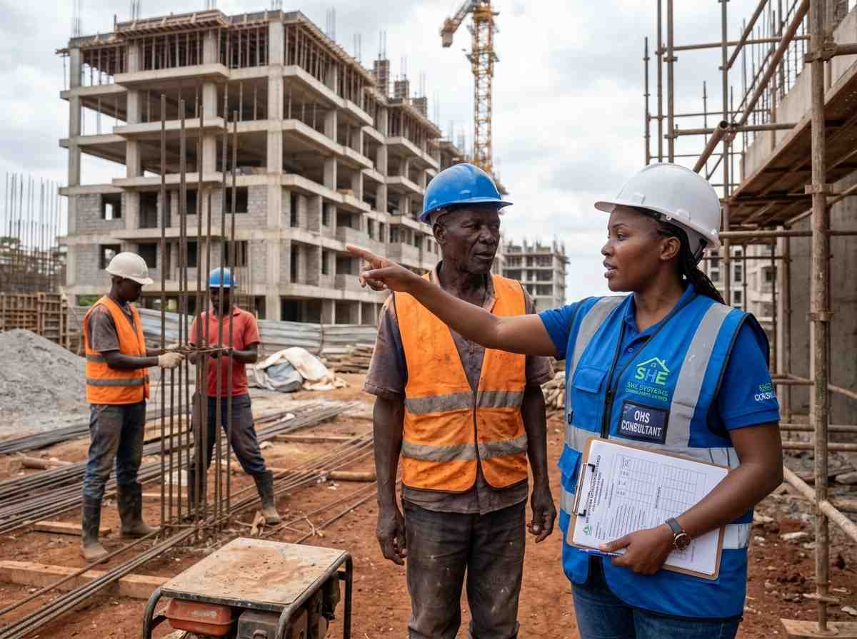 SHE Systems conducting a rebar safety briefing at a construction site in Nairobi