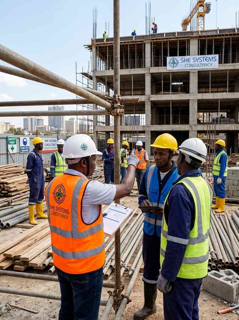 SHE Systems team conducting a construction site safety briefing with a group of workers in Nairobi