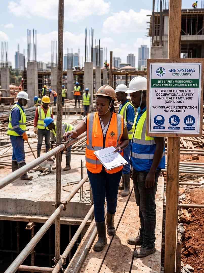 SHE Systems safety monitoring signage at a construction site in Nairobi