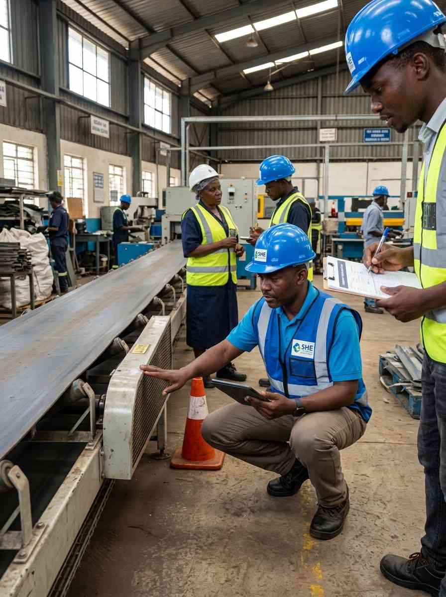 SHE Systems inspecting machine guarding on a factory conveyor belt in Nairobi