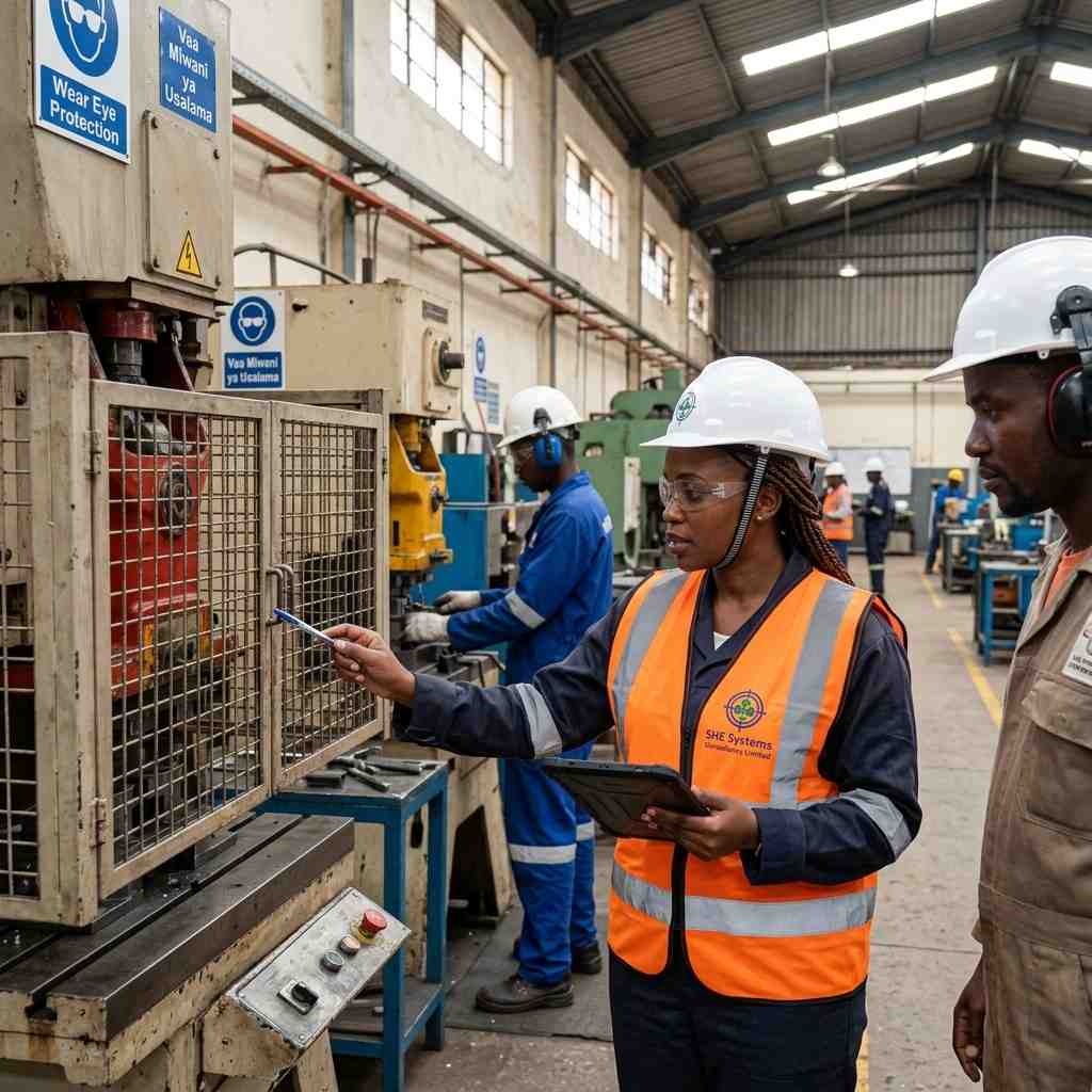 SHE Systems inspecting machine guards and PPE compliance at a factory in Nairobi