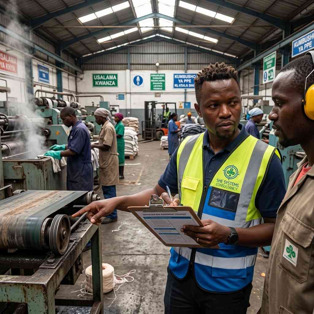 SHE Systems inspecting safety signage at a textile factory in Nairobi